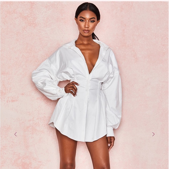 House of CB MADDALENA White Cinched Waist Shirt Dress